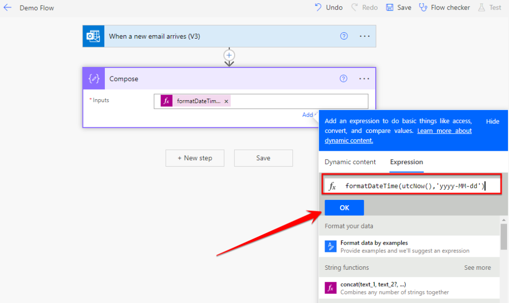 Click into the 'Inputs' field of the 'Compose' action