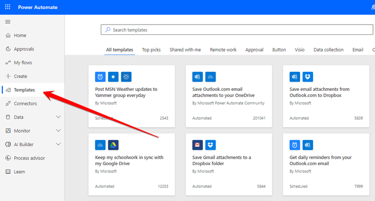 select power automate templates