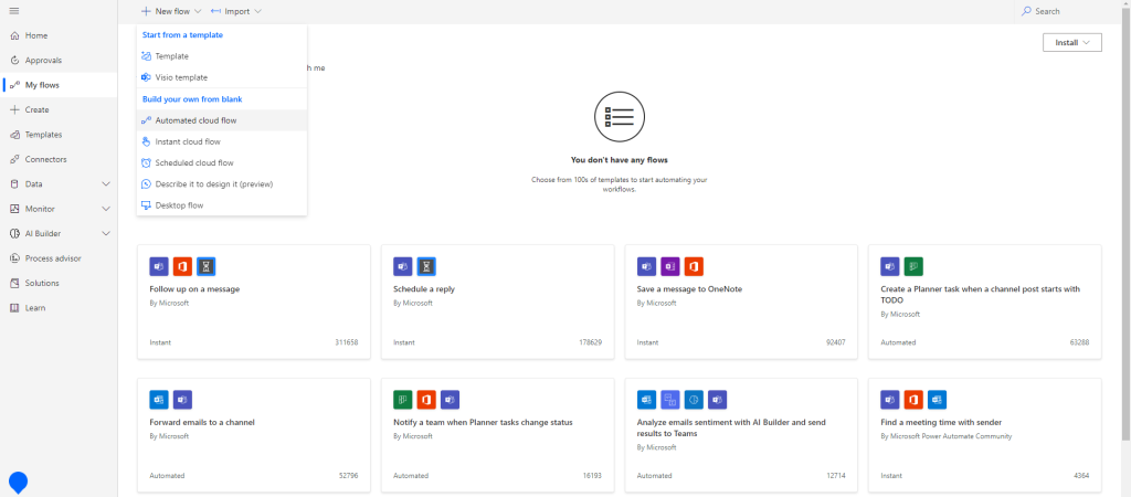 Adding trigger to flow in Power Automate: step 1
