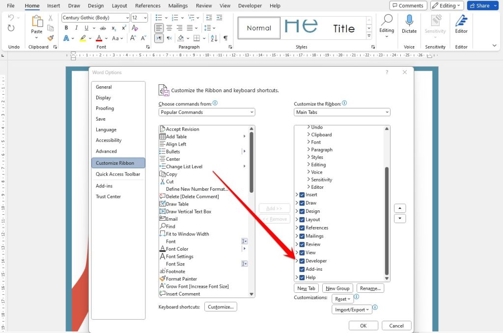 MS Word menu