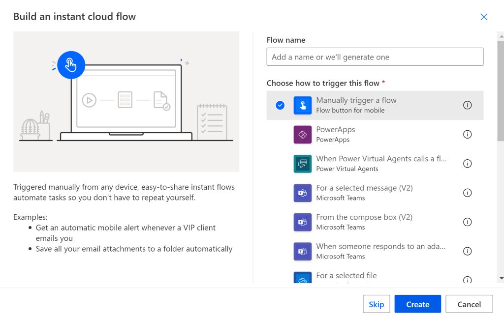Build an instant cloud flow